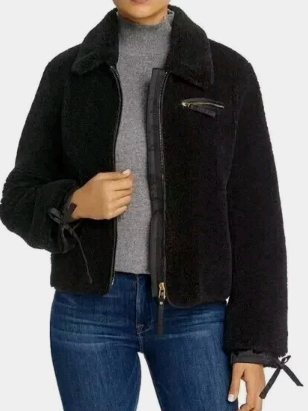 Tory Burch Faux Shearling Tie-Cuff Bomber Jacket | Black | Size XL🖤